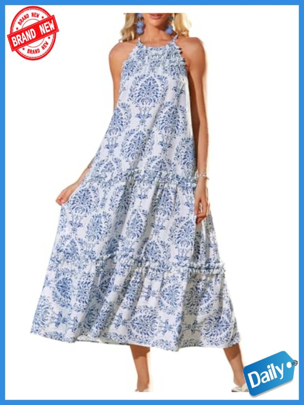 Women's Floral Halter Maxi Dress Boho Summer Beach Sundress with Tiered Ruffle